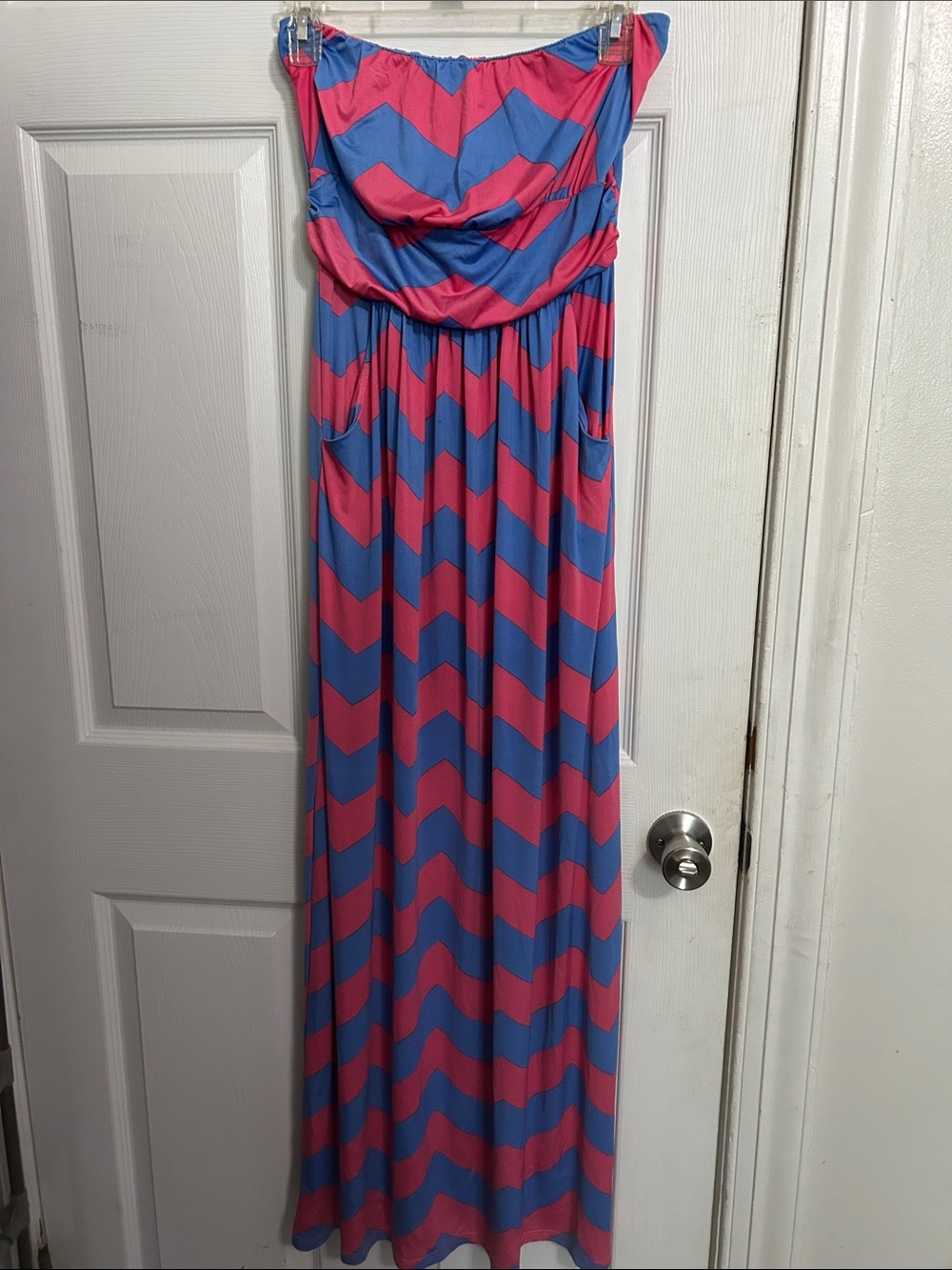 Maxi Strapless Chevron Dress in Blue & Pink